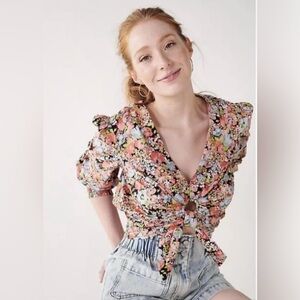 So Floral Print Long Sleeve Crop Top with Keyhole & Tie / Size: XL